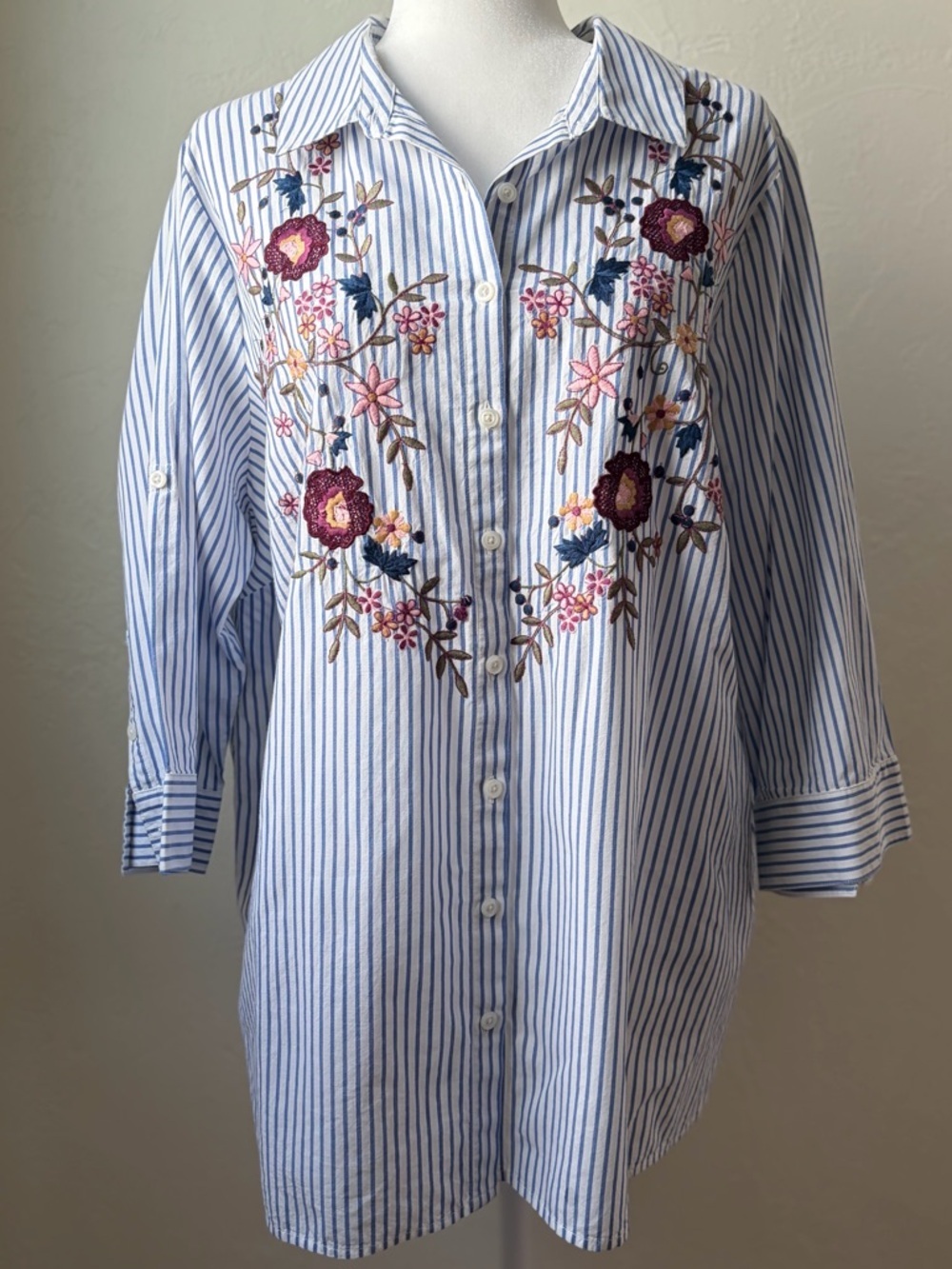 Croft & Barrow Blue Striped Floral Embroidered Tunic Blouse 3/4 Sleeve 2X